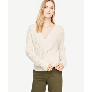 Ann Taylor V neck cable braid sweater cream